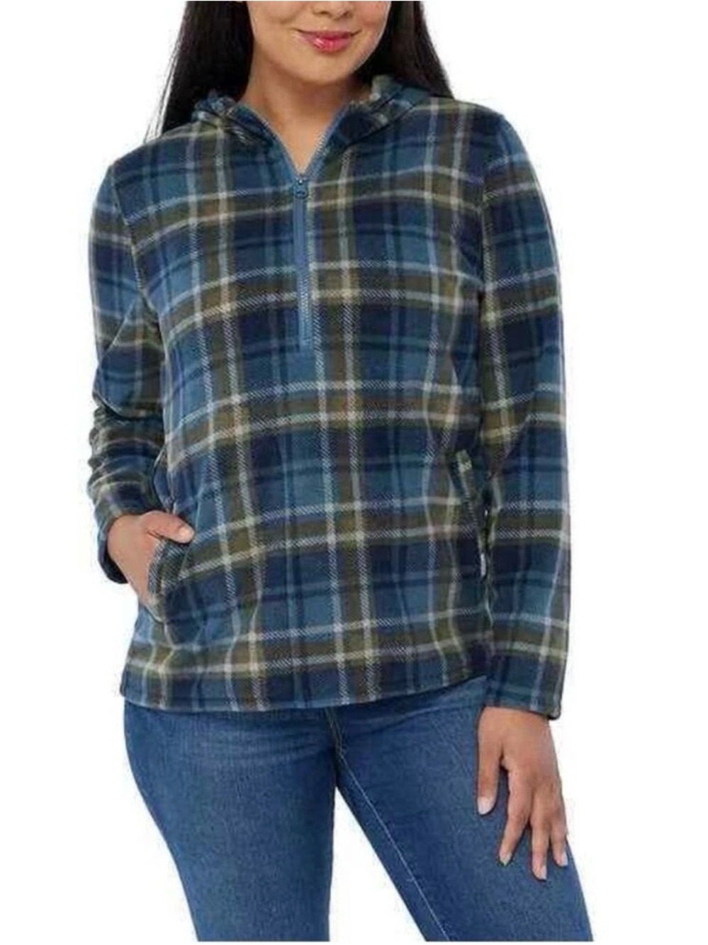 O'Neill Blue and Olive Plaid Half-Zip Hooded Fleece
